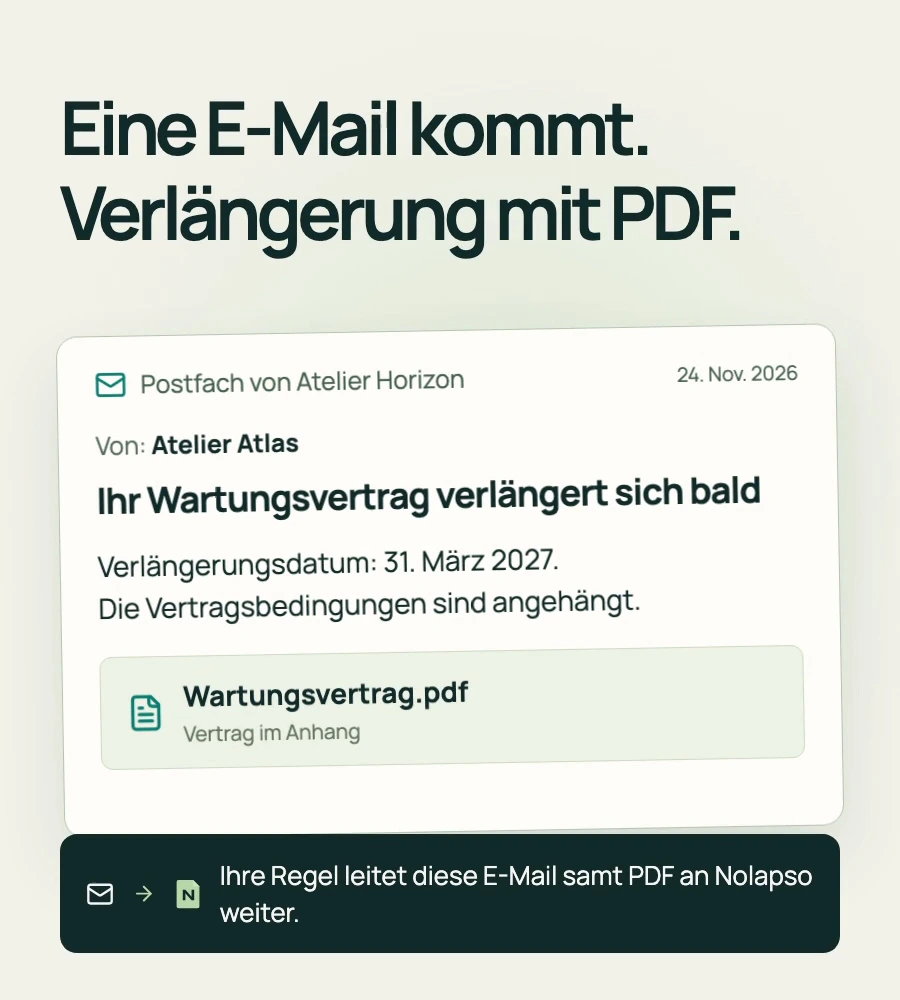 Nolapso liest einen Vertrag als PDF, findet die Kündigungsklausel, schlägt die Frist zur Bestätigung vor und plant eine Erinnerung