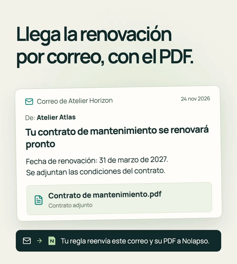 Nolapso lee un contrato en PDF, encuentra la cláusula de preaviso, propone la fecha límite para que la confirmes y programa un aviso