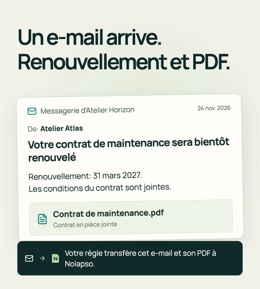 Nolapso lit un contrat PDF, retrouve la clause de préavis, propose la date limite à confirmer et programme un rappel