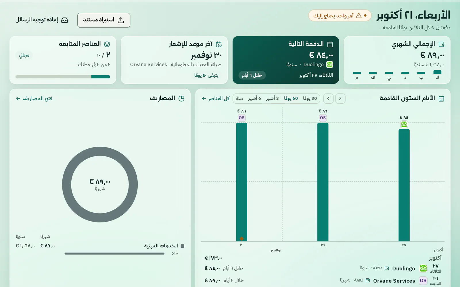 النظرة العامة مع الإجمالي الشهري، والدفعة التالية، وموعد الإشعار في 30 نوفمبر، وفترة تجريبية تنتهي خلال 6 أيام ضمن ما يحتاج إليك، ودفعات الأيام الستين القادمة.