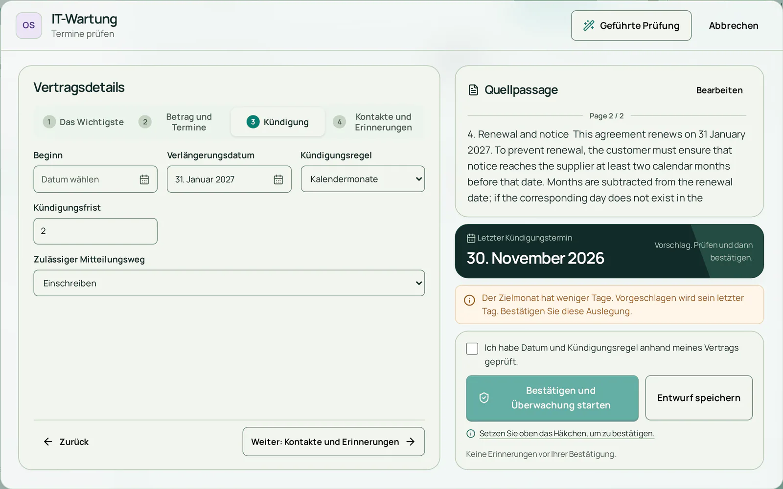 Prüfung des fiktiven Vertrags: Verlängerung am 31. Januar 2027, Kündigungsfrist von 2 Kalendermonaten, die Klausel aus dem PDF neben dem Formular und als vorgeschlagener letzter Kündigungstag der 30. November 2026.