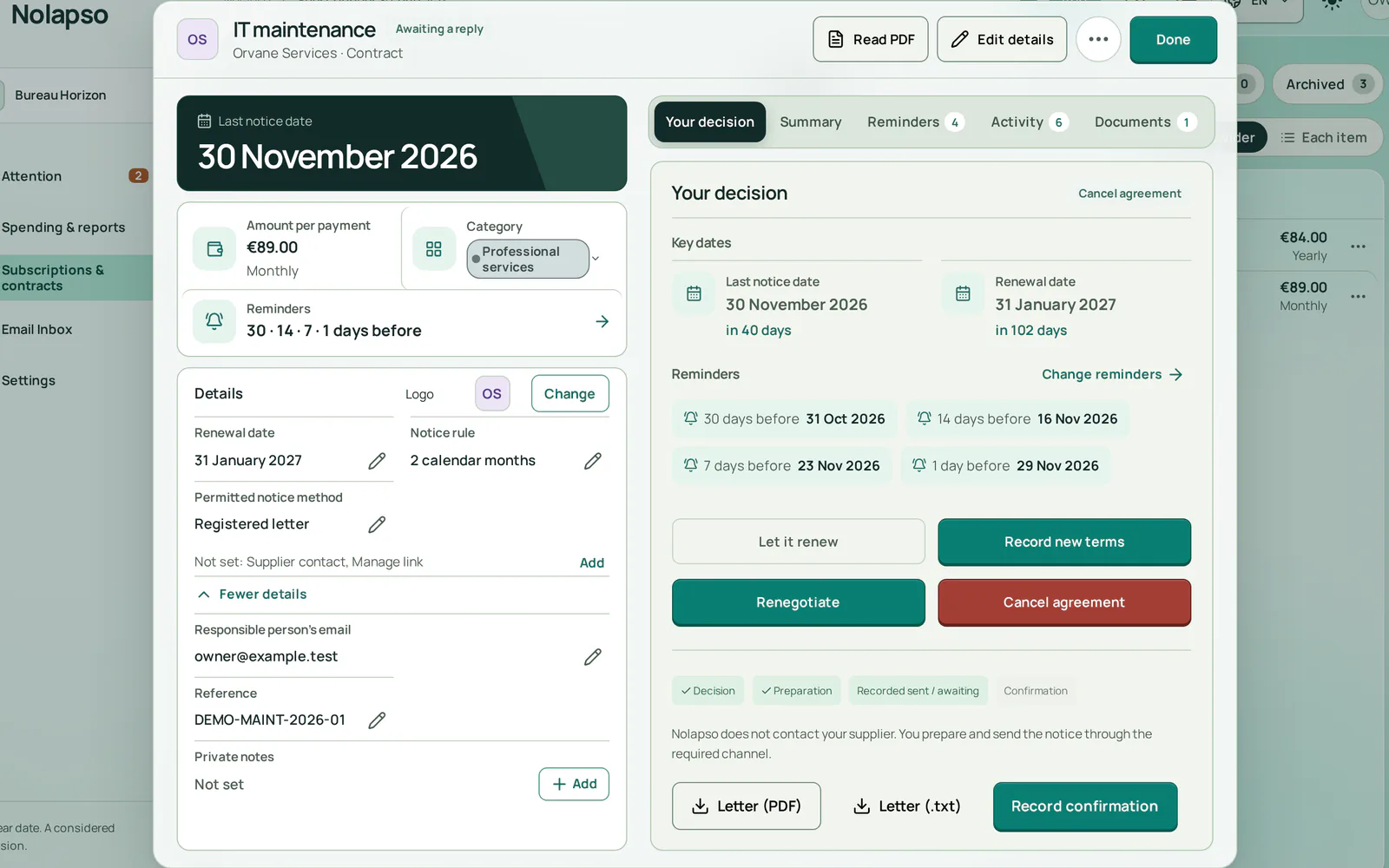 The contract's decision tab after a cancellation: the notice is recorded as sent and the supplier's reply is awaited, with buttons to download the notice and record the confirmation.
