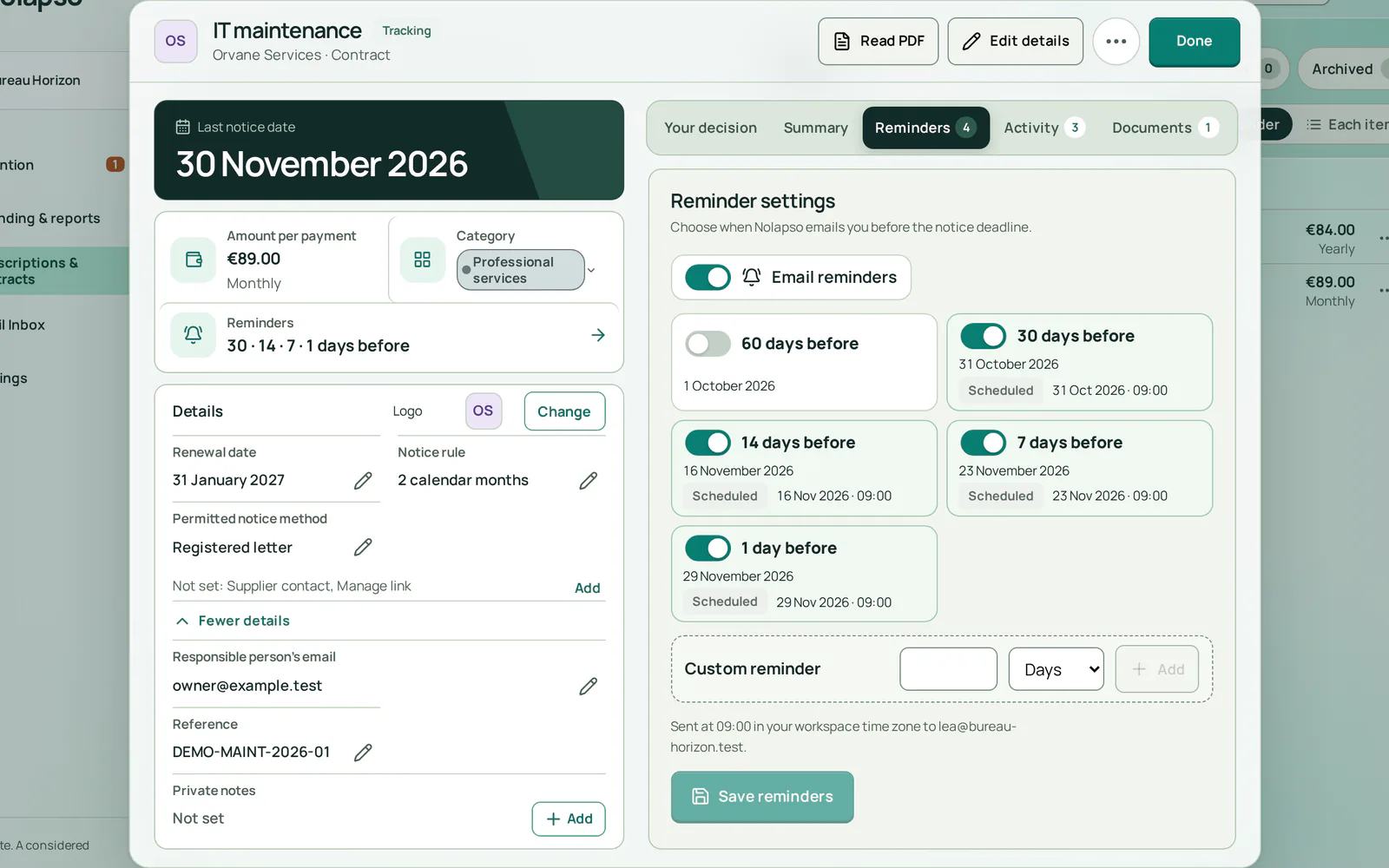 The contract's reminder settings: emails on 30, 14, 7 and 1 day before 30 November 2026, each scheduled for 09:00.