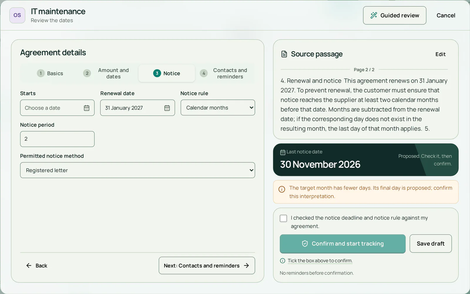 Review of the fictional contract: renewal on 31 January 2027, notice of 2 calendar months, the clause from the PDF beside the form and a proposed last notice date of 30 November 2026.