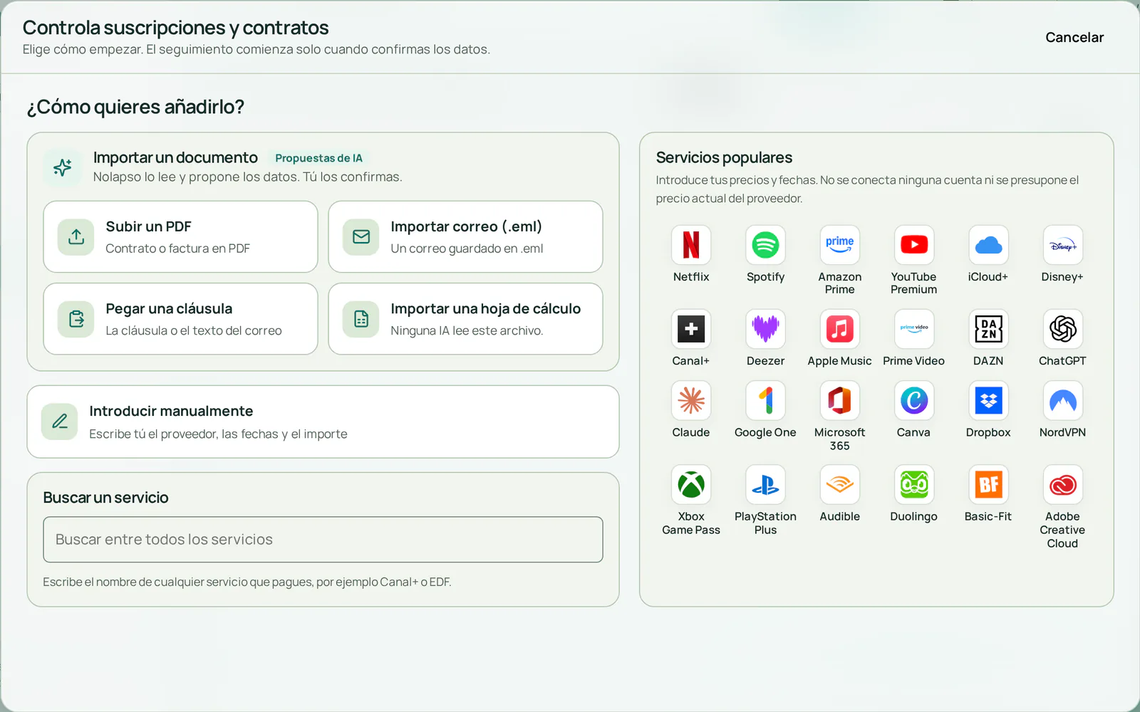 La ventana para añadir con cinco entradas: subir un PDF, importar un correo, pegar una cláusula, introducir los datos a mano o elegir un servicio popular.