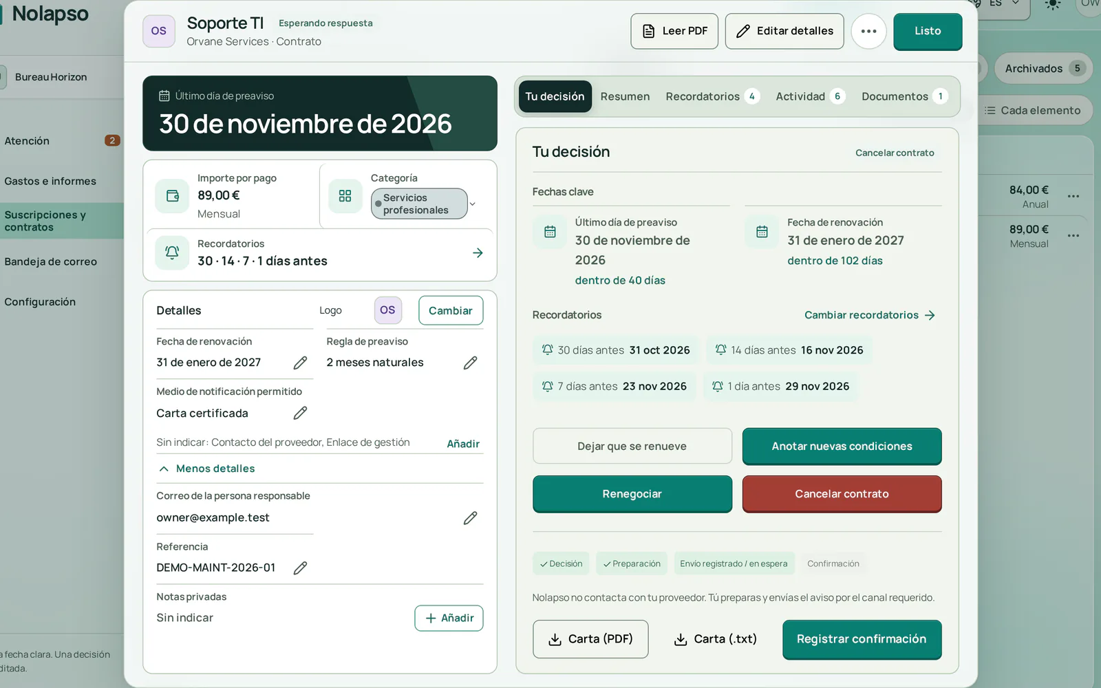 La pestaña de decisión tras una cancelación: el preaviso consta como enviado y se espera la respuesta del proveedor, con botones para descargar la carta y registrar la confirmación.