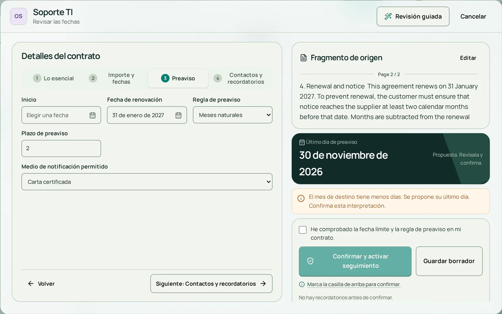 Revisión del contrato ficticio: renovación el 31 de enero de 2027, preaviso de 2 meses naturales, la cláusula del PDF junto al formulario y una fecha límite propuesta del 30 de noviembre de 2026.