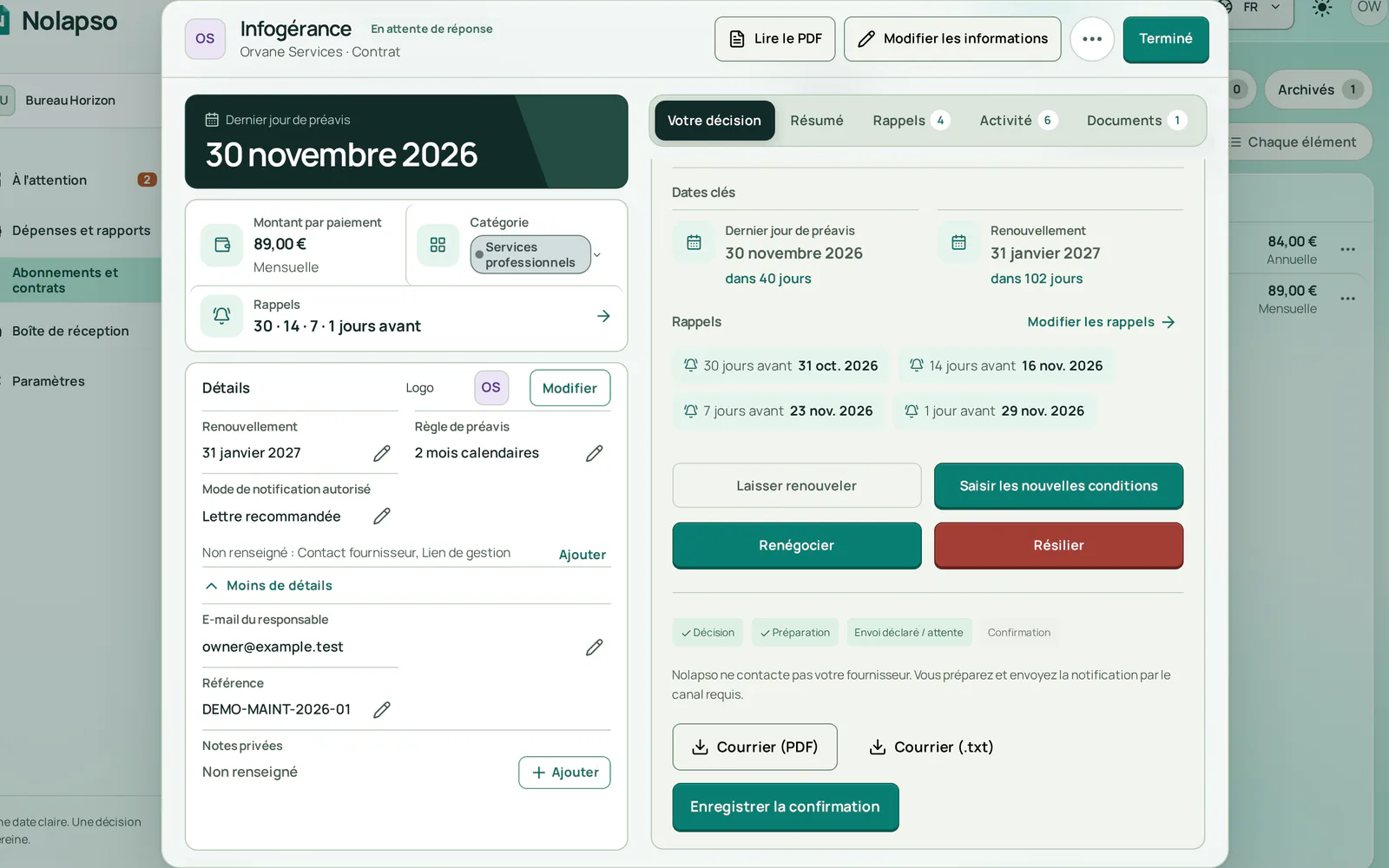 L’onglet décision après une résiliation : la lettre est enregistrée comme envoyée et la réponse du fournisseur est attendue, avec les boutons pour télécharger la lettre et enregistrer la confirmation.