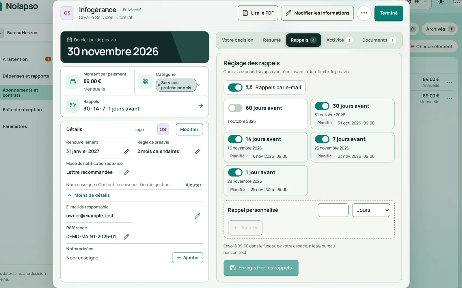 Les réglages des rappels du contrat : e-mails activés 30, 14, 7 et 1 jour avant le 30 novembre 2026, chacun prévu à 9 h.