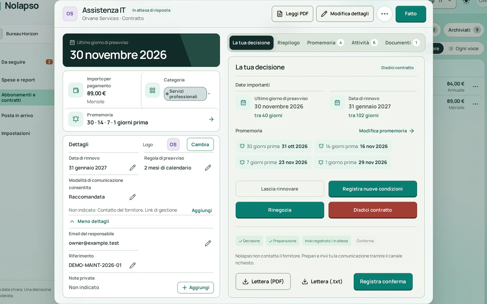 La scheda decisione dopo una disdetta: la lettera risulta inviata e si attende la risposta del fornitore, con i pulsanti per scaricare la lettera e registrare la conferma.