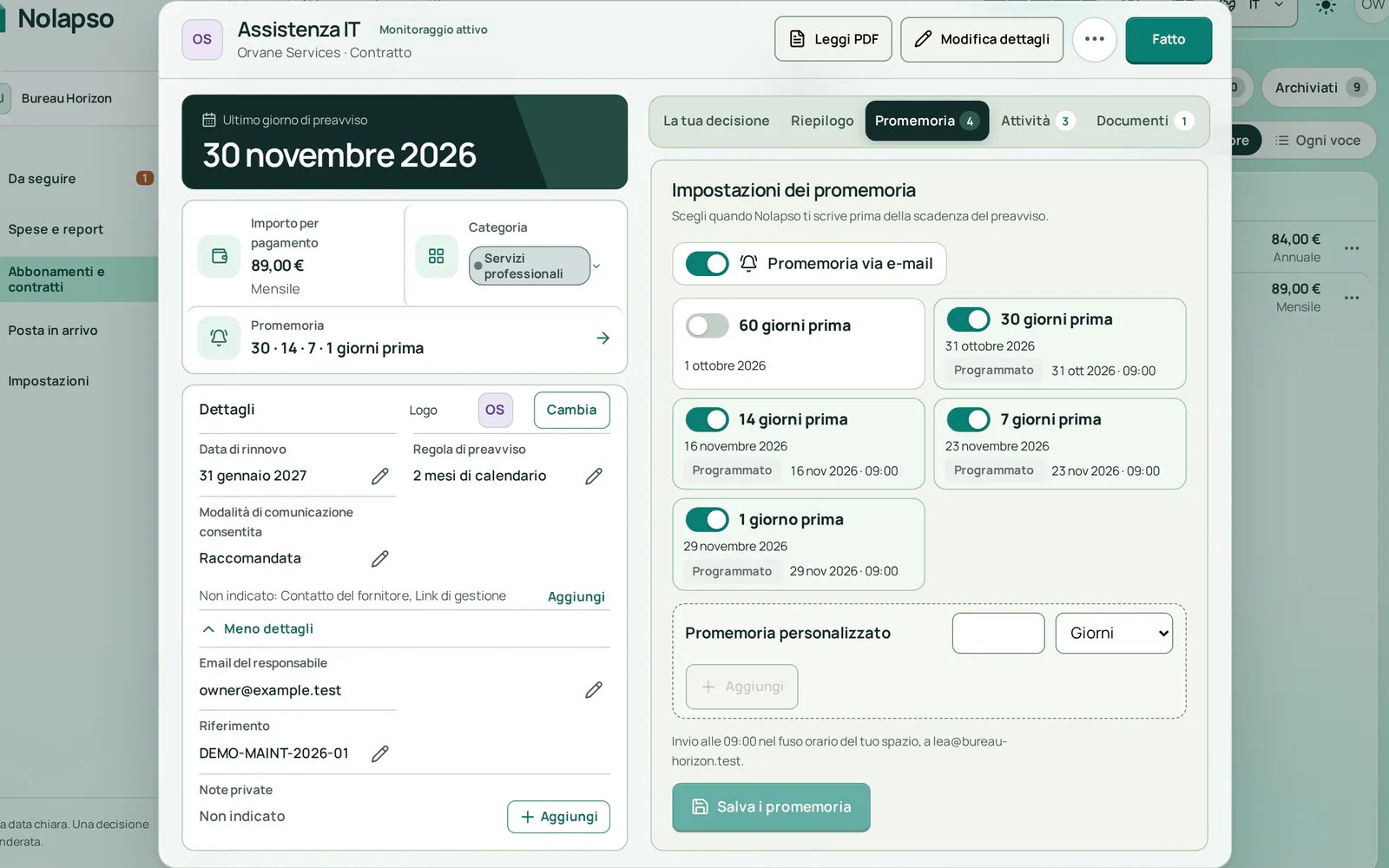 Le impostazioni dei promemoria del contratto: email attive 30, 14, 7 e 1 giorno prima del 30 novembre 2026, ciascuna alle 09:00.