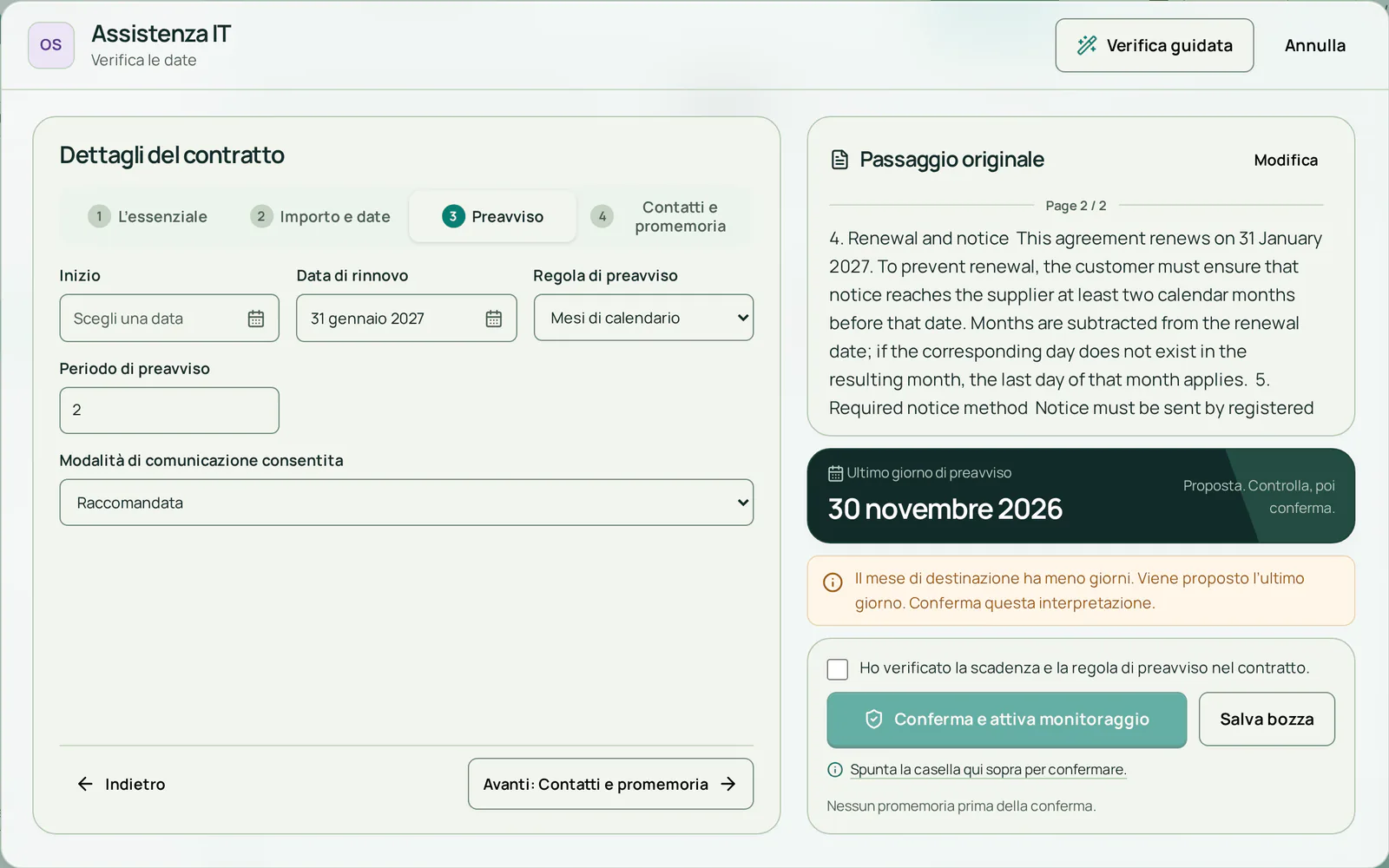 Revisione del contratto fittizio: rinnovo il 31 gennaio 2027, preavviso di 2 mesi di calendario, la clausola del PDF accanto al modulo e come ultimo giorno proposto il 30 novembre 2026.