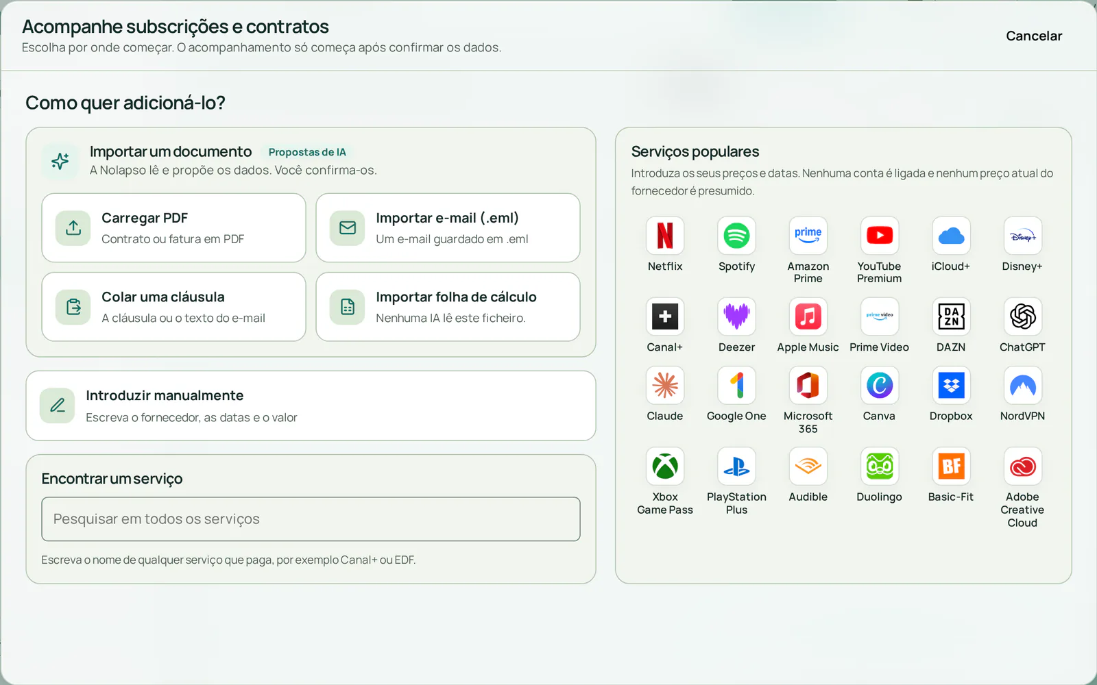A janela de adição com cinco entradas: carregar um PDF, importar um email, colar uma cláusula, introduzir os dados à mão ou escolher um serviço popular.