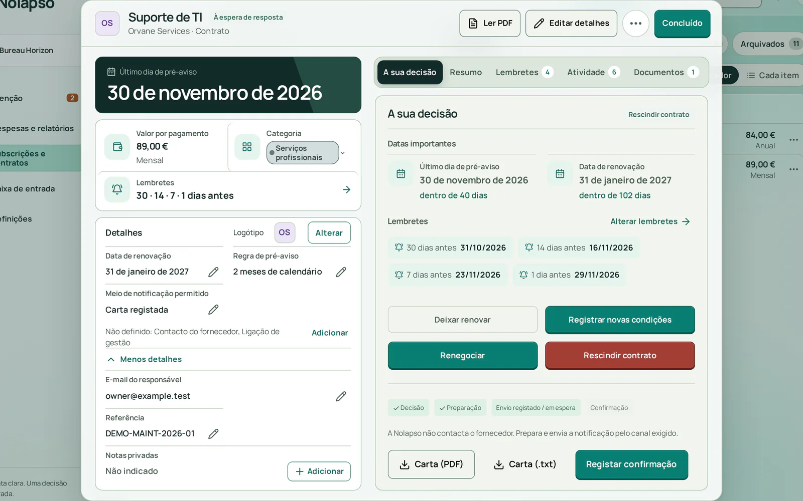 O separador de decisão após um cancelamento: a carta consta como enviada e aguarda-se a resposta do fornecedor, com botões para descarregar a carta e registar a confirmação.