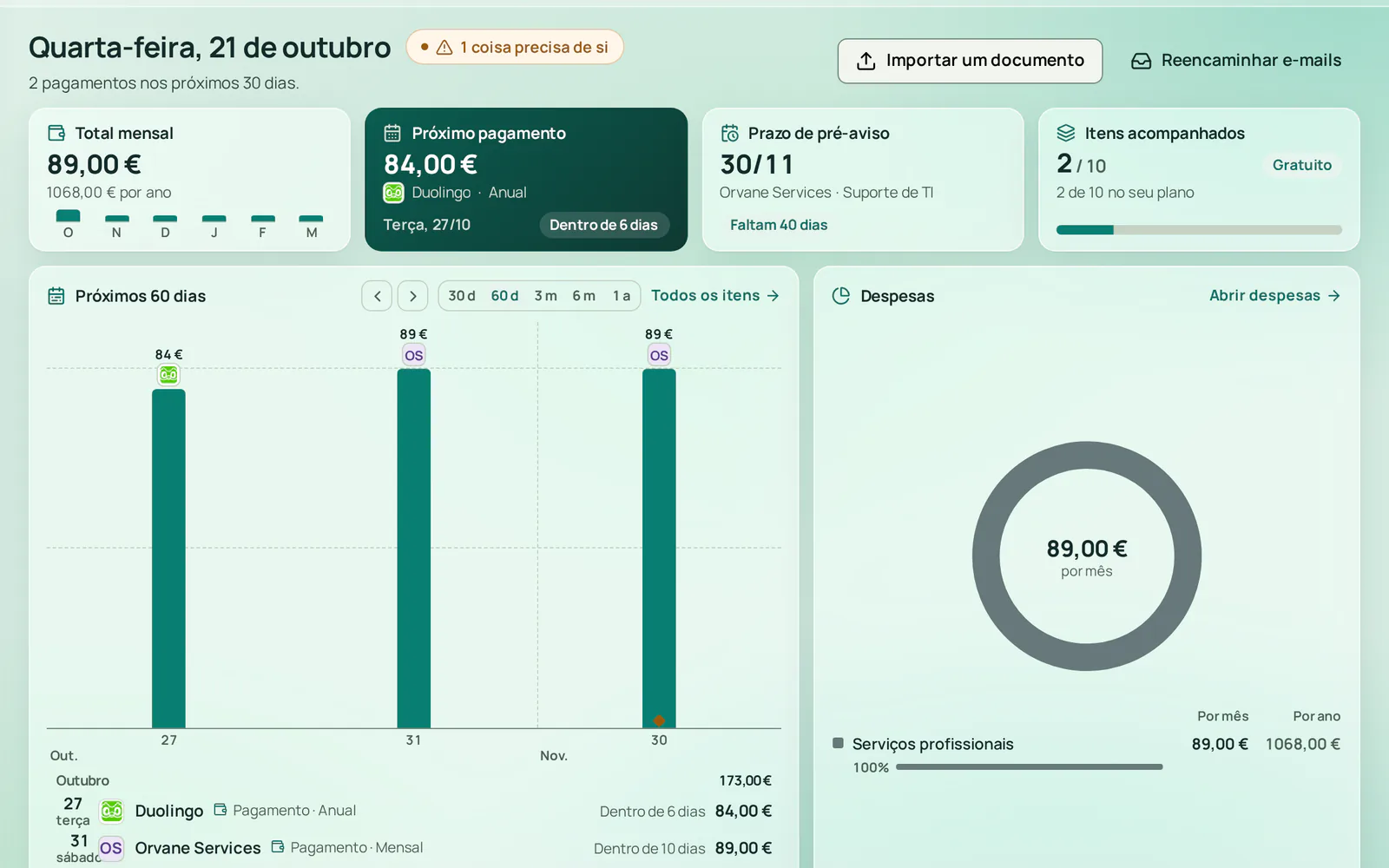 A visão geral com o total mensal, o próximo pagamento, o prazo de pré-aviso de 30 de novembro, um período experimental que termina em 6 dias assinalado como pendente e os pagamentos dos próximos 60 dias.