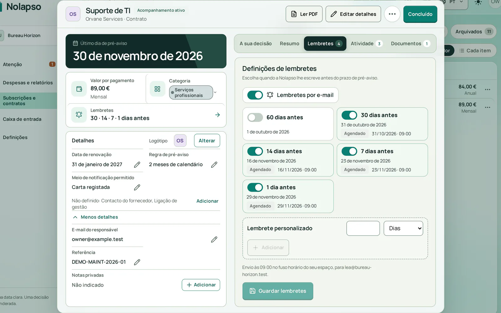 As definições de lembretes do contrato: emails ativos 30, 14, 7 e 1 dia antes de 30 de novembro de 2026, cada um às 09:00.