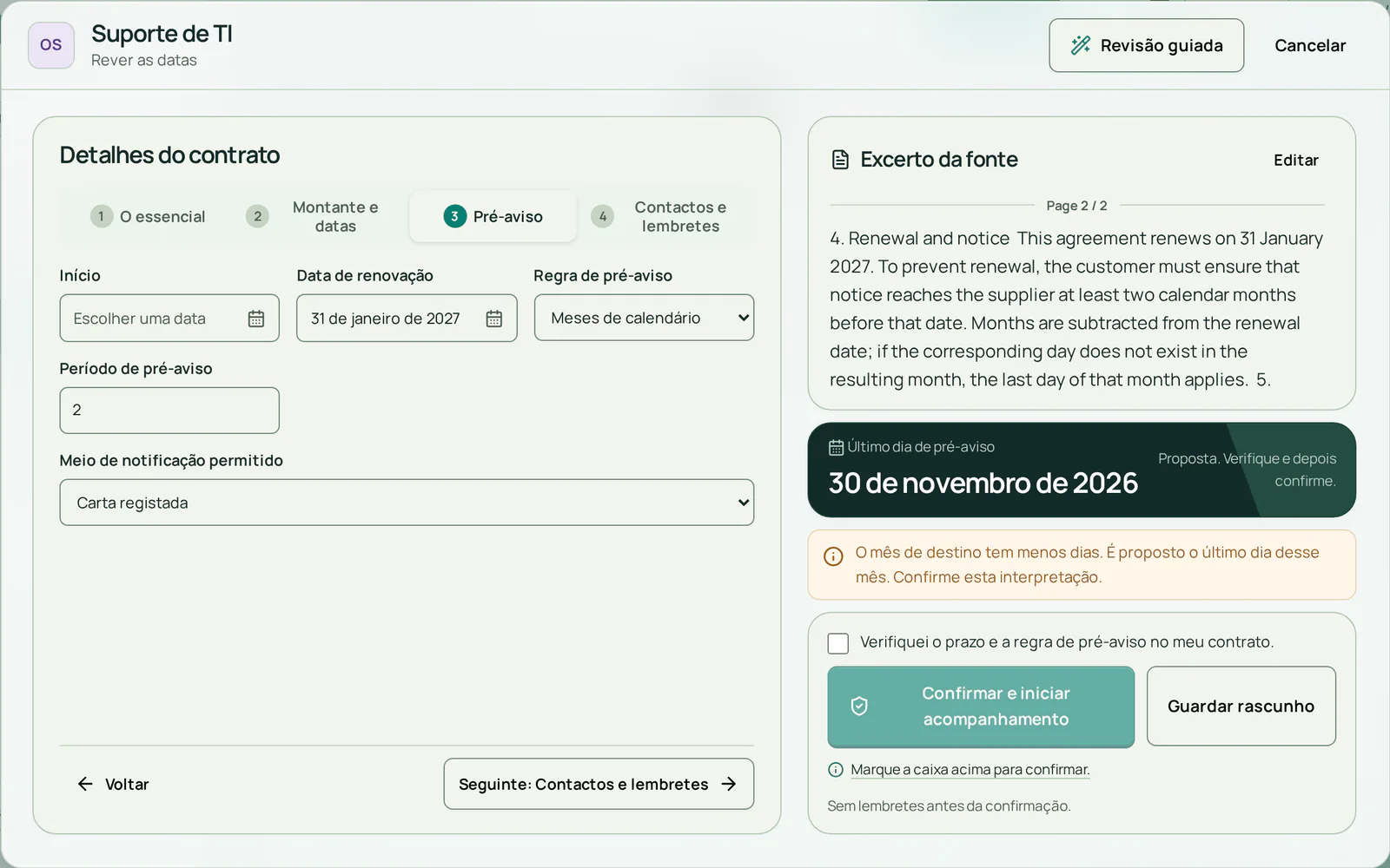 Verificação do contrato fictício: renovação a 31 de janeiro de 2027, pré-aviso de 2 meses de calendário, a cláusula do PDF ao lado do formulário e uma data-limite proposta de 30 de novembro de 2026.